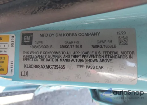 2021 Chevrolet Spark Fwd Ls Automatic из США, поврежденный, VIN KL8CB6SAXMC739485